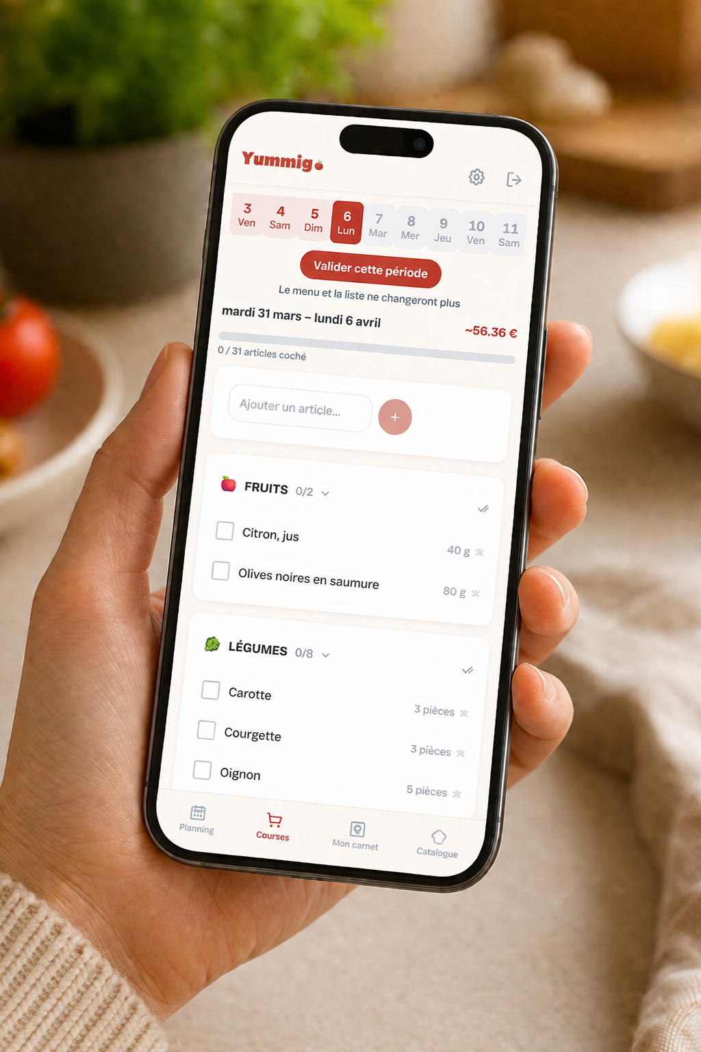Liste de courses Yummigo sur mobile